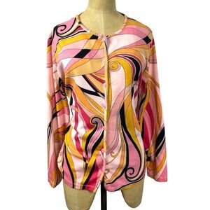 VTG Psychedelic Swirl Cardigan Med Pink Karen Sport Retro Maximalist Chic Granny